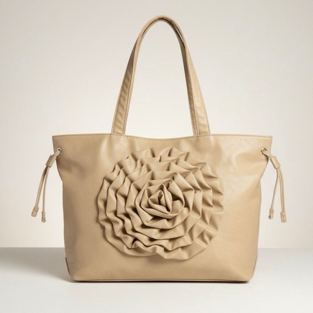 Chateau Beige Faux Leather 3D Rose Drawstring Tote Bag